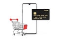 Online Shopping Concept. Shopping Trolley Cart with Mobile Phone and Credit Card. 3d Rendering Royalty Free Stock Photo