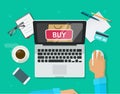 Online shopping concept vector, flat style laptop computer and customer person buying from ecommerce internet store Royalty Free Stock Photo