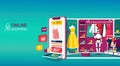 Online shopping concept for website, mobile application. Shopping cart, buttons, payment slot with credit card and a Royalty Free Stock Photo