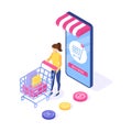 Online shopping concept. Woman buy dress on the site. Can use for web banner and infographics. Isometric design. Vector