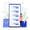 Online shopping concept. Woman shopping on social networks through phone flat design Royalty Free Stock Photo