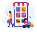 Online shopping concept, young women buying products in the online mobile application store