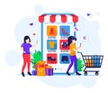 Online shopping concept, young women with shopping cart buying products in the mobile application store