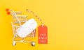 Online shopping Cyber Monday sale text on red tag label have white mouse on cart shopping Royalty Free Stock Photo