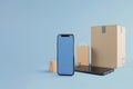 Online shopping 3D, Smartphones with parcel boxes, Mobile phone and box delivery status, generated ai