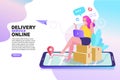 Online shopping and delivery landing page illustration. Woman using laptop sitting on paper box. E-commerce concept. Vector EPS10. Royalty Free Stock Photo