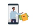 Online shopping, delivery. Person on phone screen delivered packages with purchases. Vector flat illustration isolated