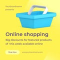Online shopping discount grocery supermarket basket 3d icon landing page post vector illustration Royalty Free Stock Photo