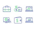 Online shopping, Dollar wallet and Salary icons set. Graph laptop, Portfolio and Online statistics signs. Vector