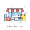 Online shopping, e-commerce. Flat line art style concept. Vector Royalty Free Stock Photo