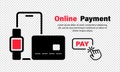 Online shopping or e-commerce icon. Concepts mobile payments. Smartphone, bank card and pointer with button pay. Transfer money