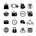 Online Shopping and e-commerce icon set. Simple flat black 16 vector icons collection for e-shop buying, paying, contact and Royalty Free Stock Photo