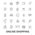 Online shopping, ecommerce, mobile store, cart, bag, buying, marketing, purchase line icons. Editable strokes. Flat Royalty Free Stock Photo