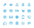 Online shopping flat line icons. E-commerce business, contacts, support, social networks, shop basket, sale, delivery