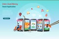 Online shopping. Food delivery application service on smart phone, e commerce and customer ordering on mobile with selection of