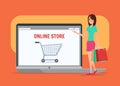 Online shopping girl. Business cartoon concept. Vector creative