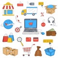 Online shopping hand drawn icons set, vector illustration. Royalty Free Stock Photo