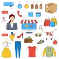 Online shopping hand drawn icons set, vector illustration. Royalty Free Stock Photo