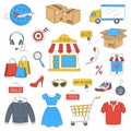 Online shopping hand drawn icons set, vector illustration. Royalty Free Stock Photo
