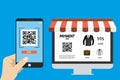 Online shopping,hand holding smart phone with qr scanner app Royalty Free Stock Photo