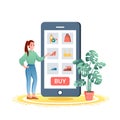 Online shopping, happy shopper woman standing with big smartphone with internet shop Royalty Free Stock Photo