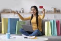 Online Shopping. Young Indian Woman With Laptop And Credit Card At Home Royalty Free Stock Photo