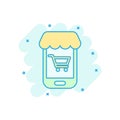 Online shopping icon in comic style. Smartphone store vector cartoon illustration on white isolated background. Market business