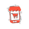 Online shopping icon in comic style. Smartphone store vector cartoon illustration on white isolated background. Market business