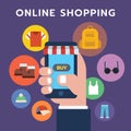 Online shopping icon, symbol set hand holding smartphone Royalty Free Stock Photo