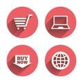 Online shopping icons. Notebook pc, cart, buy Royalty Free Stock Photo