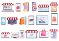 Online shopping icons set, cartoon style Royalty Free Stock Photo