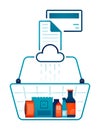 Online shopping illustration in line style. basket containing grocery purchases that connected to cloud to get payment bills and