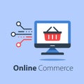 Online shopping, internet purchase, grocery basket and computer monitor Royalty Free Stock Photo