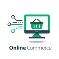 Online shopping, internet purchase, grocery basket and computer monitor