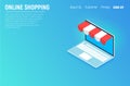 Online shopping isometric concept laptop. Flat design graphic elements, signs, symbols, line icons set. Vector illustration. Royalty Free Stock Photo