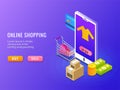 Online shopping, isometric concept, mobile app or landing page d Royalty Free Stock Photo