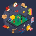 Online shopping isometric concept with related elements Royalty Free Stock Photo