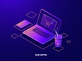 Online shopping isometric icon internet purchase, laptop with shop basket on screen, online payment, credit card dark Royalty Free Stock Photo