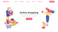 Online shopping isometric landing page template. Customer buying products, female seller, shop assistant offering goods