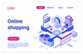 Online shopping isometric landing page template. Internet purchases promotional web banner. E-commerce, electronic trade