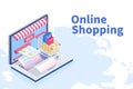 Online shopping isometric, Scooter bike deliver on a laptop keyboard