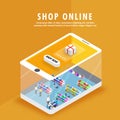 Online shopping, isometric shopping store on a smartphone, many Royalty Free Stock Photo