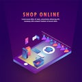 Online shopping, isometric shopping store on a smartphone with p Royalty Free Stock Photo