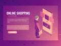 Online shopping isometric vector concept, man makes a purchase, mobile phone smartphone, electronic order 3d