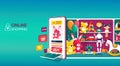 Online shopping for kids toys with a colorful Vector Design,showing a tablet or mobile phone with credit card in a