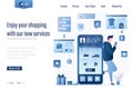 Online shopping landing page template. Handsome man looks at fashion goods and makes purchases on smartphone