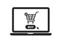 Online shopping with laptop. Shopping cart on display. Buy button. vector illustration