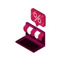 Online shopping, laptop store sale discount isometric isolated icon