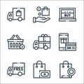 Online shopping line icons. linear set. quality vector line set such as shopping bag, shopping bag, free delivery, cit card,