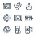 online shopping line icons. linear set. quality vector line set such as cit card, smartphone, sale, remove, laptop, new, box,